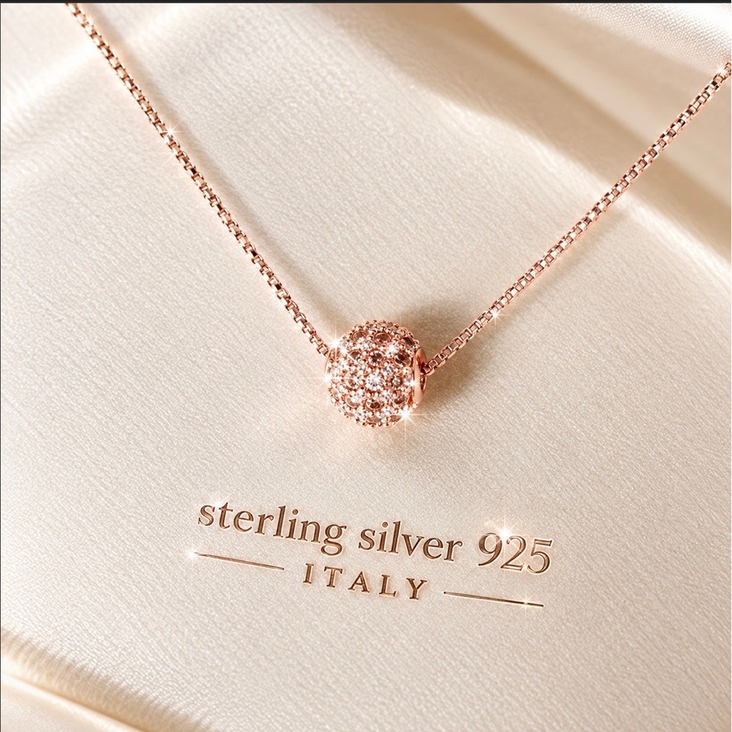 💢สร้อยเงินsterling -silver 925ITALYพร้อมจี้บอลฝังCZชุบโรสโกล💥สินค้าถ่ายจากของจริงทั้งหมด