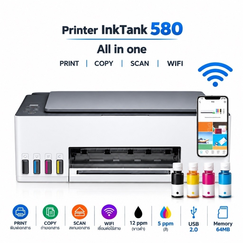 HP Smart Tank 580 All-in-One Printer พร้อมน้ำหมึกแท้