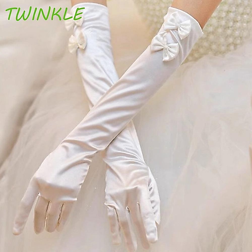 TWINKLE1 ซาตินถุงมือยาว,สีขาวหวานงานแต่งงานเจ้าสาวถุงมือ,Retro Vintage Lace Elastic Long Finger Mitt