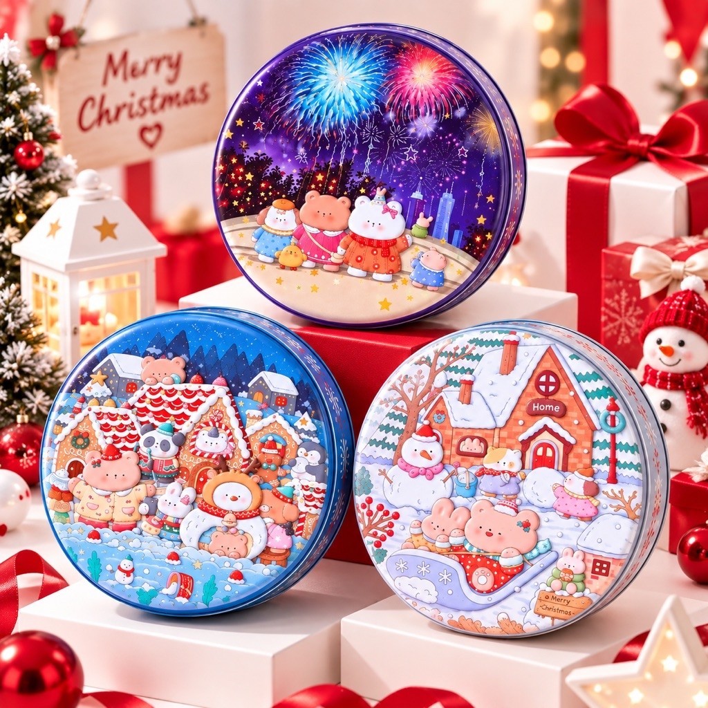 พร้อมส่ง กล่องโลหะคุกกี้คริสต์มาส กล่องเหล็กของขวัญ ทรงกลม 13.5*7 cm