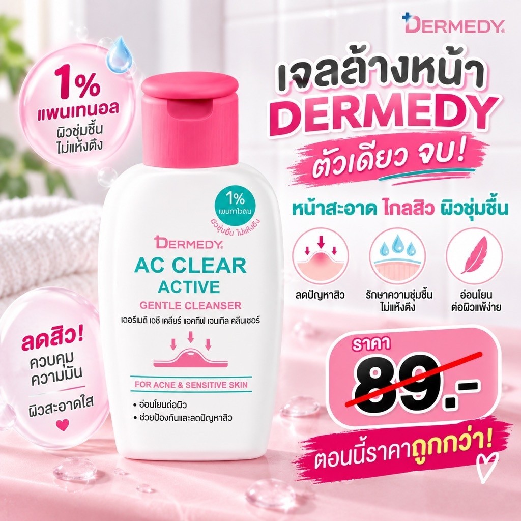 DERMEDY เจลล้างหน้าสำหรับสิว ผิวแพ้ง่าย ลดสิว คุมมัน ไม่แห้งตึง 50ml S สิวอุดตัน ผิวชุ่มชื้น
