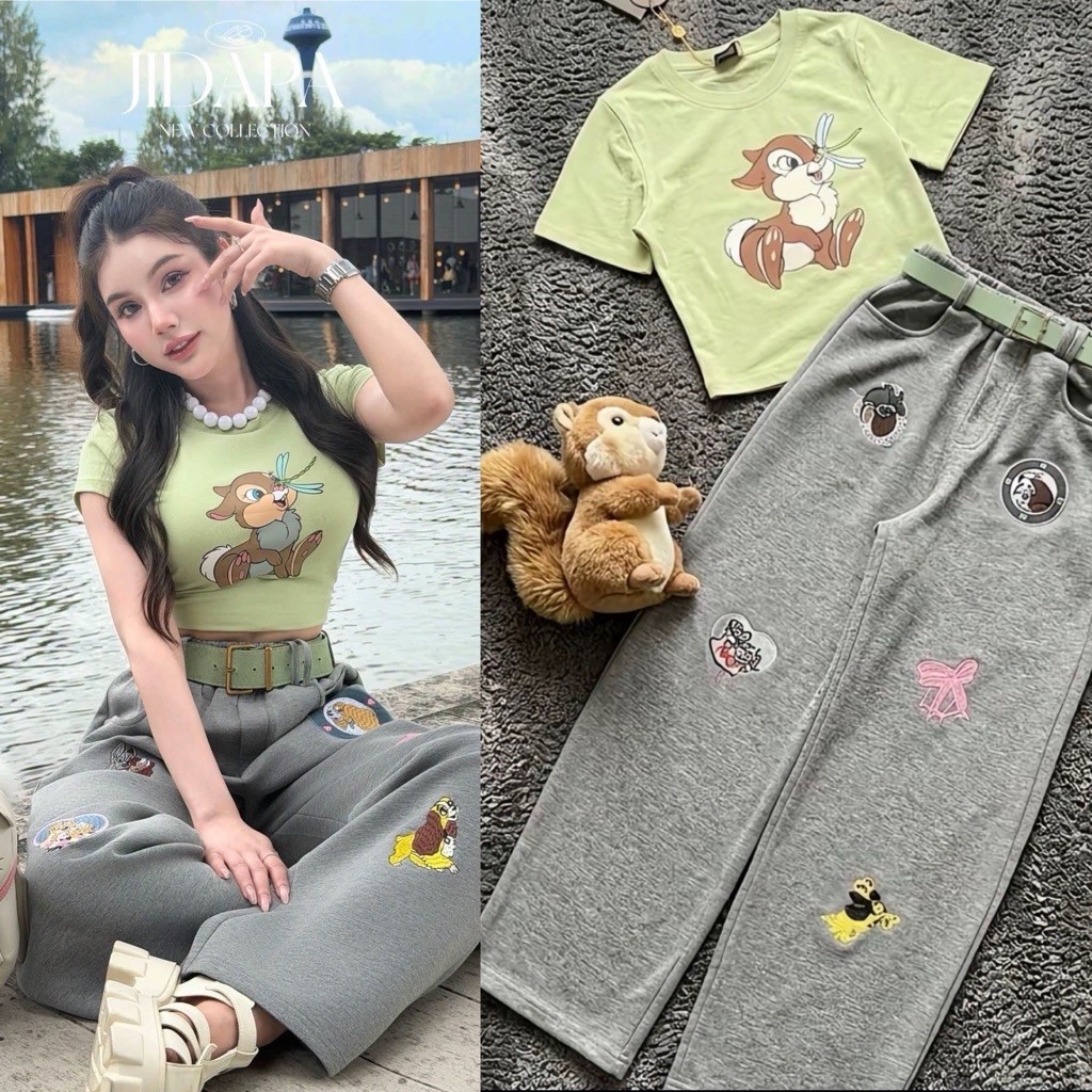 (เสื้อ 18“ กางเกง 40.5”) ชุดวอม เสื้อยืด+กางเกงวอม งานปัก+เข็มขัด สีเขียวละมุน งานป้าย jusmint
