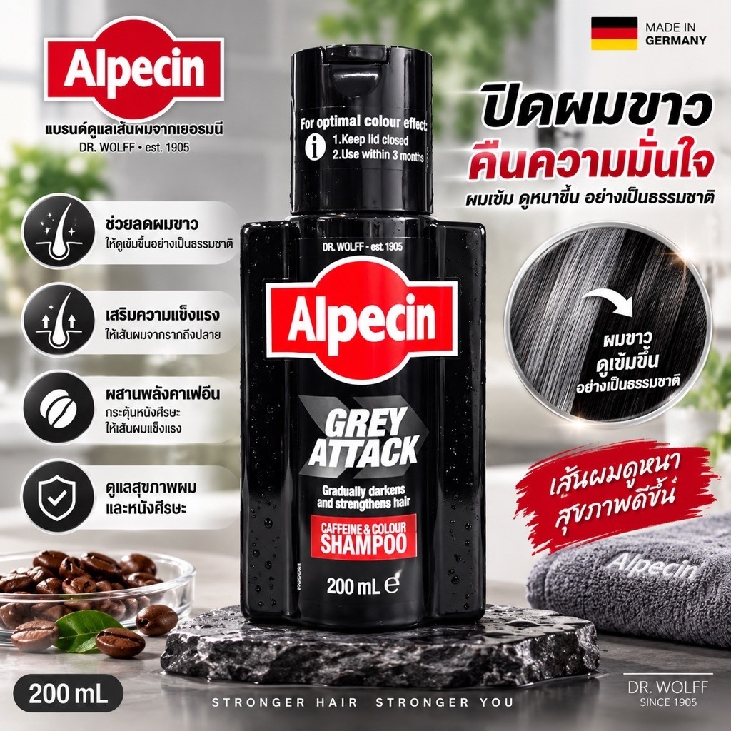 Alpecin Grey Attack Caffeine & Colour แชมพูลดผมงอก 200ml