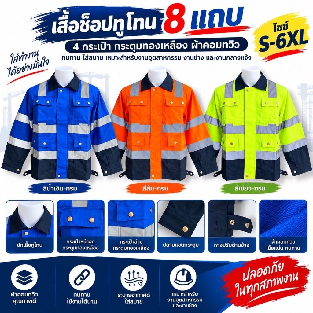 เสื้อช็อปทูโทน 8 แถบสะท้อนแสง 4 กระเป๋า กระดุมทองเหลือง ผ้าคอมทวิว แขนยาว ไซซ์ S-6XL