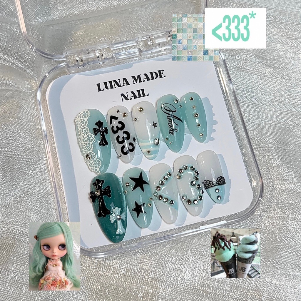 Lunamade : เล็บเจลปลอมเกาหลี  มิ้นท์ mint chromeheart <333  🍵🥑🍈