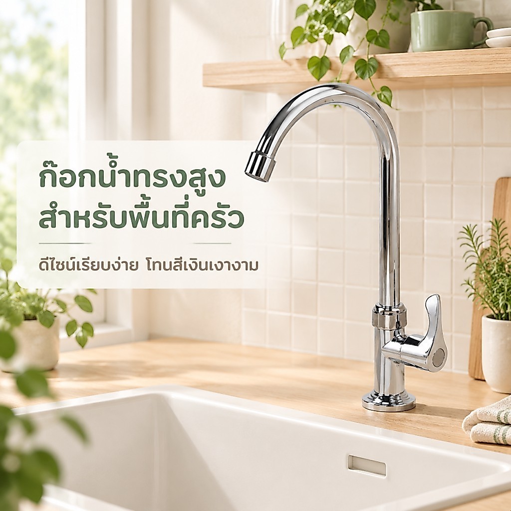 ก๊อกน้ำครัว โครเมียมเงา คอหงส์สูง ตั้งเคาน์เตอร์ ก้านโยกข้าง เข้ากับครัวไม้และหิน ก๊อกน้ำอ่างล้างจาน faucet