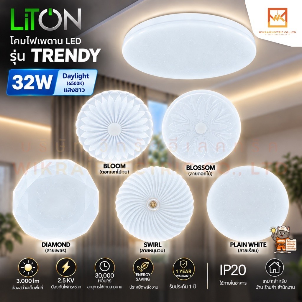 LiTON โคมไฟซาลาเปา ติดเพดาน LED 32W Daylight (แสงขาว) มีหลายแบบให้เลือก โคมไฟตกแต่งเพดาน