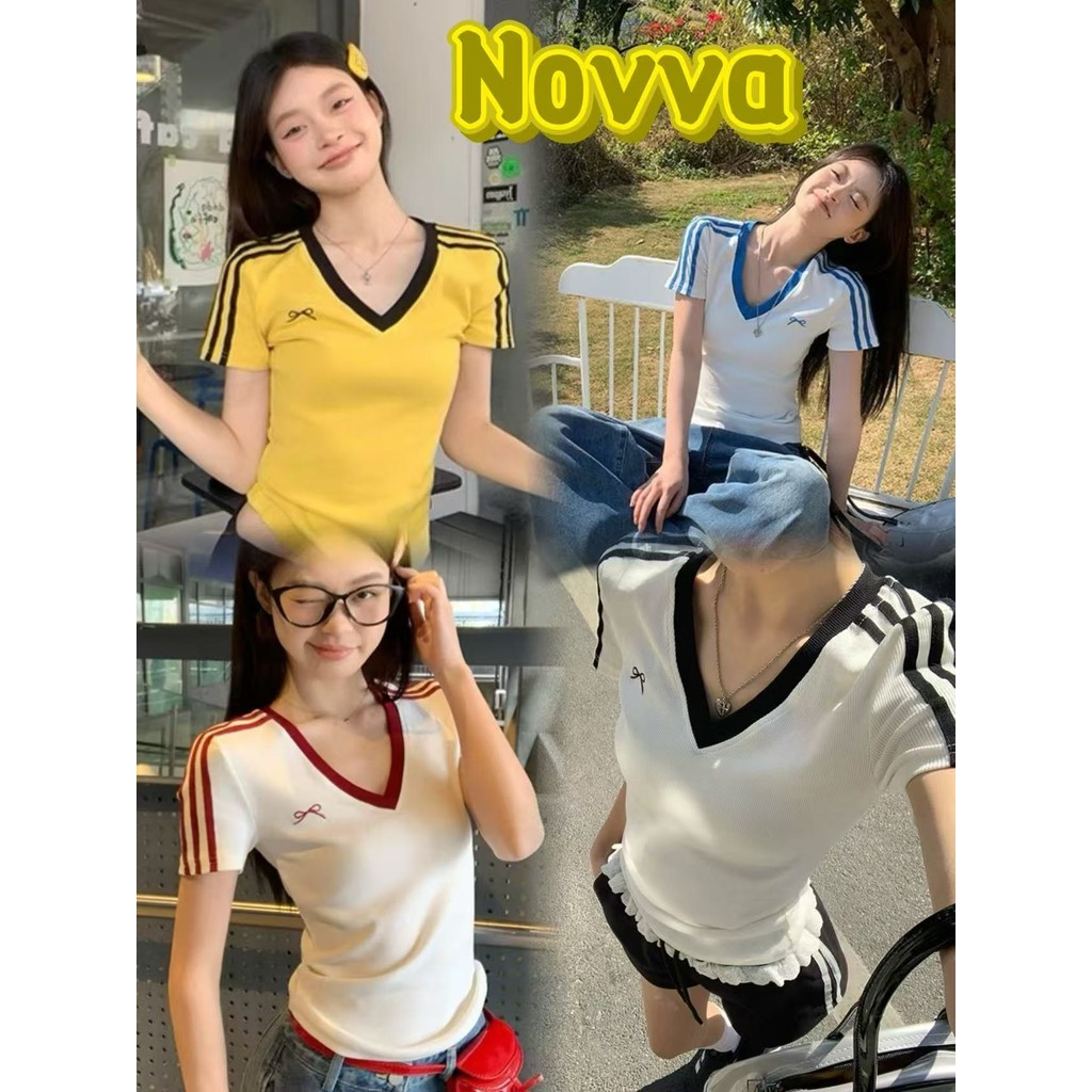 ส่งไวจากไทย🍒100%Cotton T-shirtโบว์  เสื้อยืดรัดรูป สไตล์ย้อนยุคแบบอเมริกัน ทรงสวย นิ่มใส่สบาย เสื้อครอป Novva