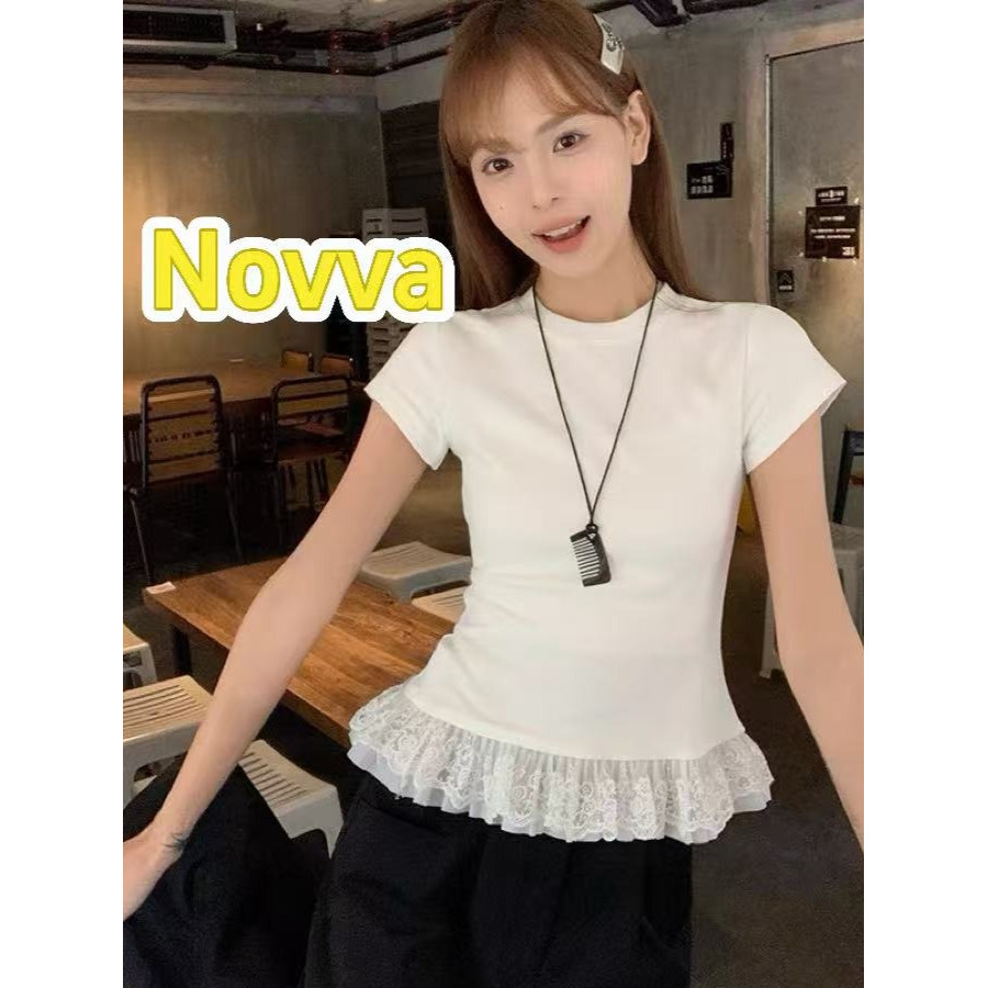 ส่งไวจากไทย🍒100%cotton เสื้อยืดแขนสั้น เสื้อลูกไม้ แฟชั่นสาวๆสไลต์สาวเกาหลี คอกลมลายลูกไม้สีขาวสำหรับผู้หญิง  Novva