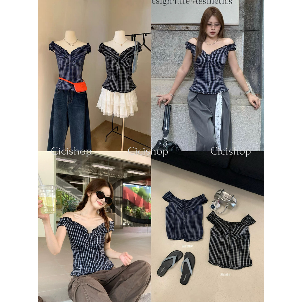 Cicishop(3381)เสื้อแขนตุ๊กตาปาดไหล่ ลายสก็อต สไตล์เรโทรฤดูร้อนน้อนยุคเข้ารูป