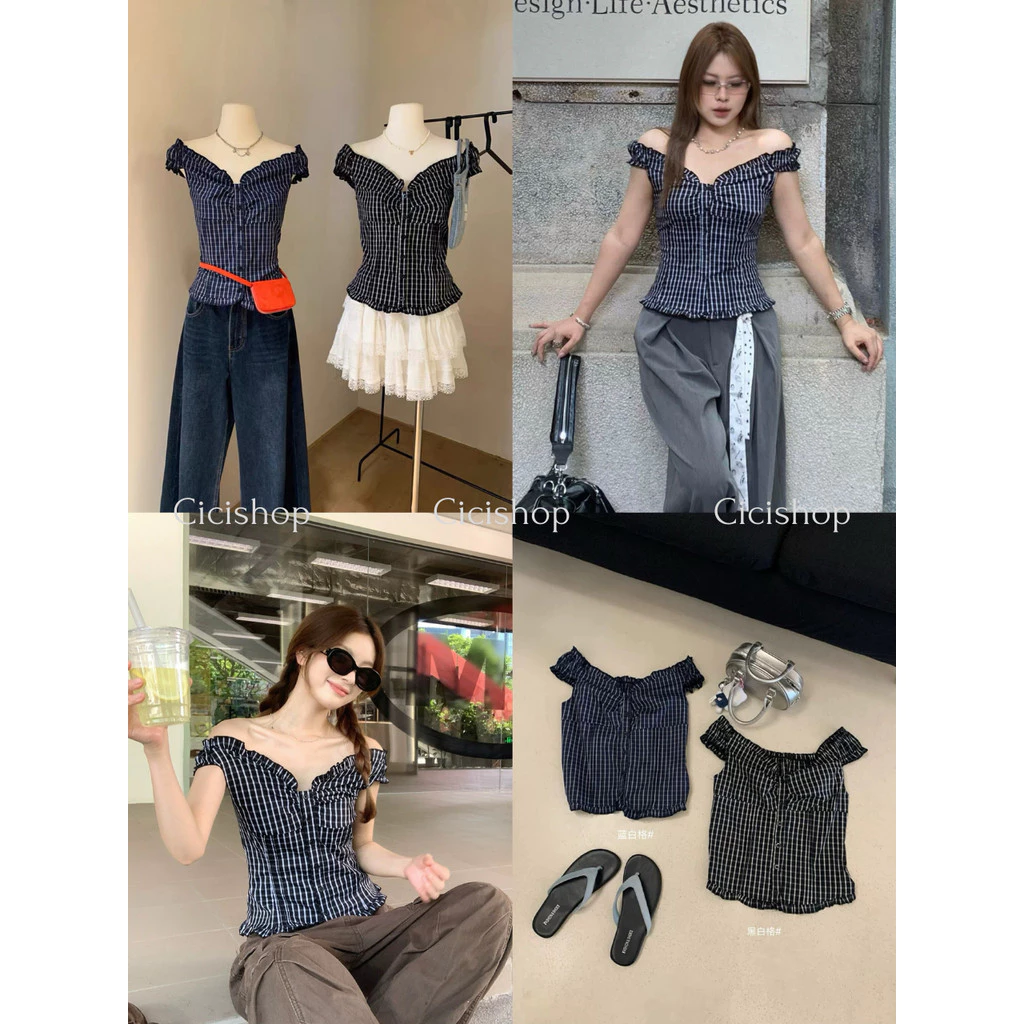 Cicishop(3381)เสื้อแขนตุ๊กตาปาดไหล่ ลายสก็อต สไตล์เรโทรฤดูร้อนน้อนยุคเข้ารูป