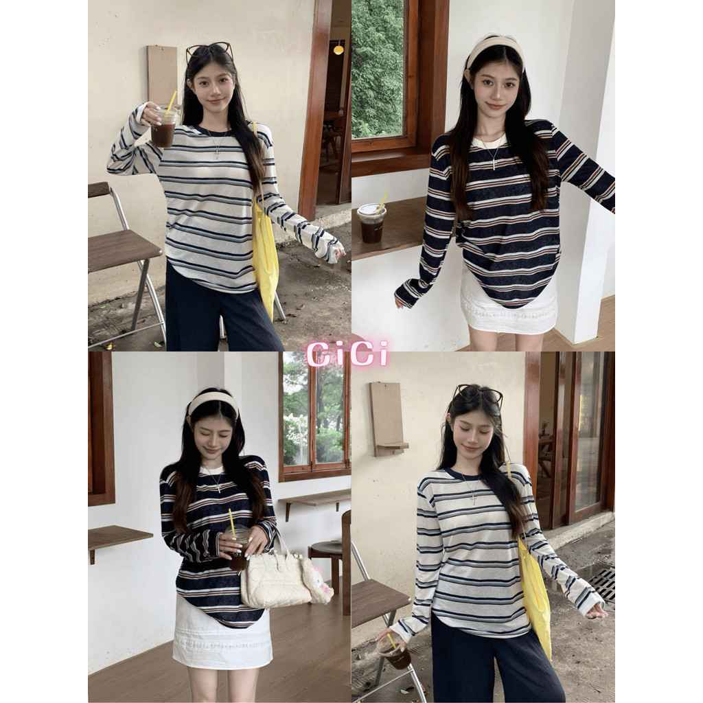 ส่งทันทีCici(NO. 88100) เสื้อยืดแขนยาวลายทาง ทรงโอเวอร์ไซส์ ผ้าใส่สบายไม่ร้อน ใส่คลุมเสื้อนักเรียนได้