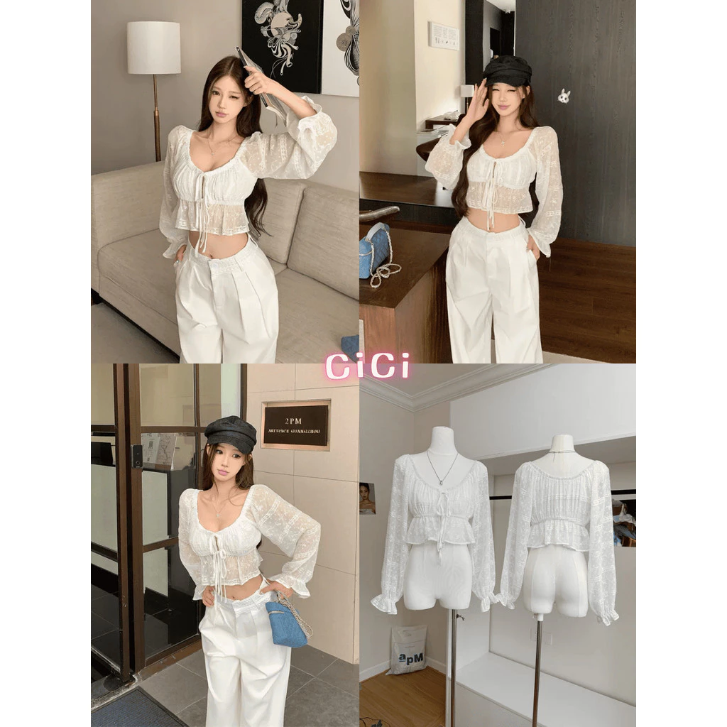 ส่งทันทีCici(NO. Y6380) เสื้อครอปแขนยาวคอวีแต่งลายลูกไม้ผ้าโปร่ง จั้มช่วงอกดีเทลผูกด้านหน้า แซ่บสุดเข้ากับฤดูร้อนนี้