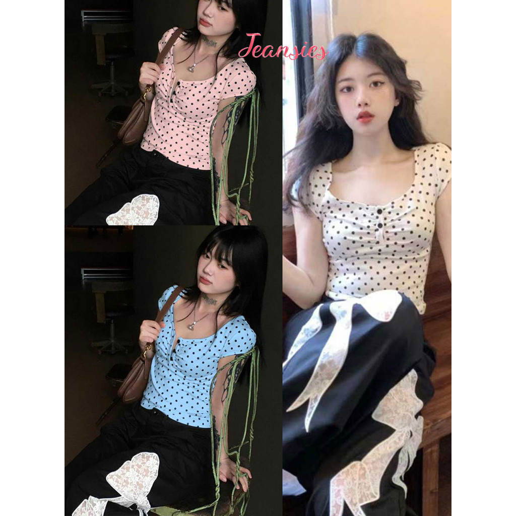 เสื้อยืดหวานแซ่บ ลายจุด สีพื้น ใส่แล้วหุ่นดี