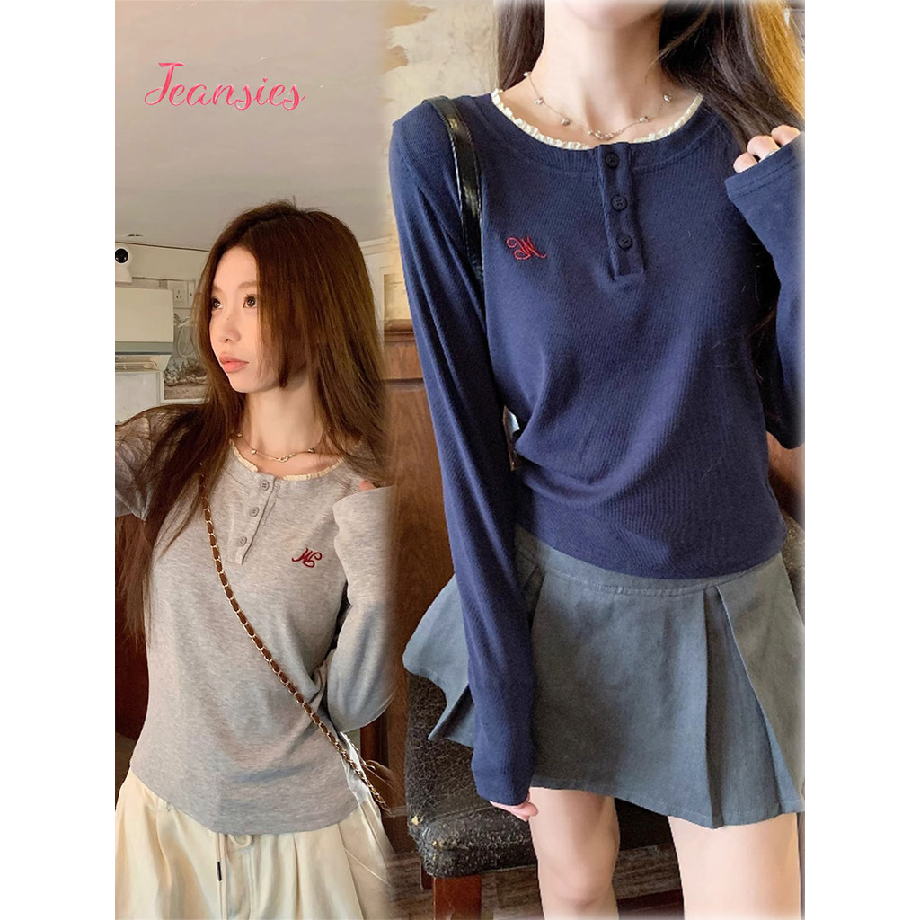 เสื้อยืดแขนยาวสตรี ผ้าอุ่นพิเศษ ดีไซน์แต่งลูกไม้