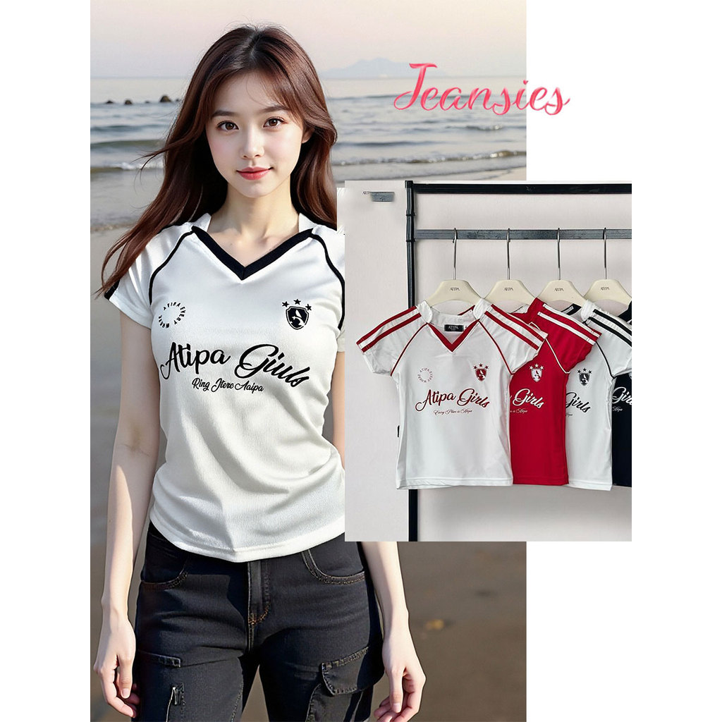 เสื้อยืดแฟชั่นคอวี สไตล์อเมริกัน ลายตัวอักษรโดดเด่น