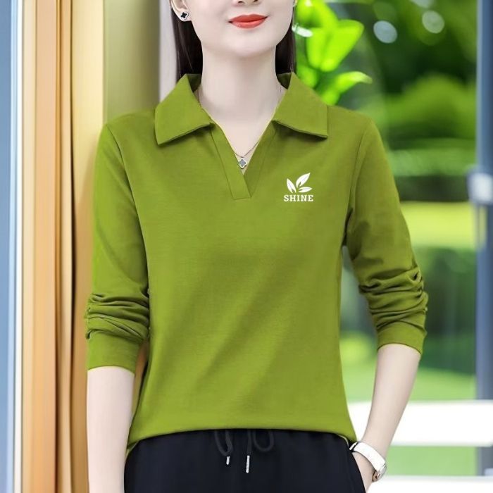 ราคาต่ำสุด  ที่ถูก ที่สุด  สวยมาก  สีทึบ  พิมพ์ใบ  แขนยาว  เสื้อโปโล  M~5XL