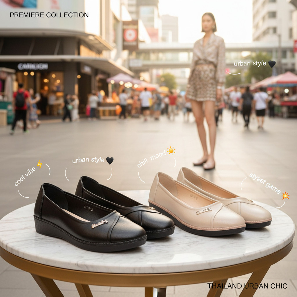 รองเท้าคัชชูส้นหนา หัวแหลม ประดับหมุด H&S หนังเงาพื้นยางนิ่ม สีพื้น 4 สี เบอร์ 36-40 (90)