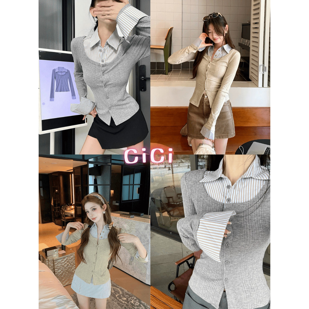 ส่งทันที Cici(NO. J2297)  เสื้อแขนยาวผ้าลายริ้ว แต่งคอปกโปโลลายทาง ผ้าใส่สบายไม่ร้อน ทรงสลิมฟิตสีสุภาพสไตล์ฝรั่งเศส