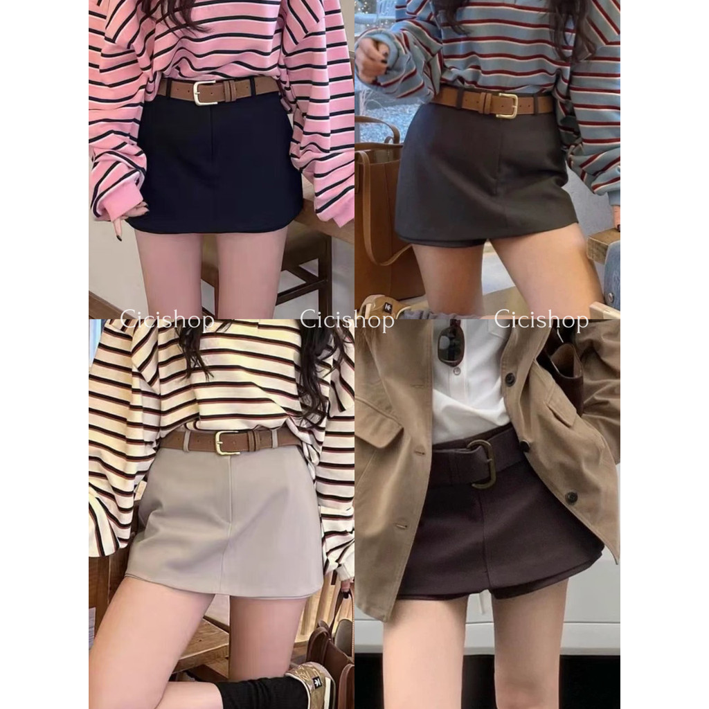 Cicishop(2543) กระโปรงสั้นผ้าหนาอย่างดีมีซับในเป็นกางเกงงานกระดุมหน้าและซืปด้านหน้าใส่ได้แบบEveryDay look สไตล์สาวเกาหลี