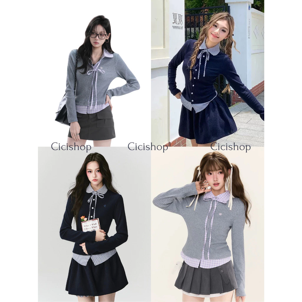 Cicishop(Y6391) เสื้อแขนยาวไหมพรมผ้าร่องคอปกลายสก็อต มีเชือกผูกหน้า ปักอกลายดอก กระดุมใช้งานได้จริง สไตล์สาวโคเรีย
