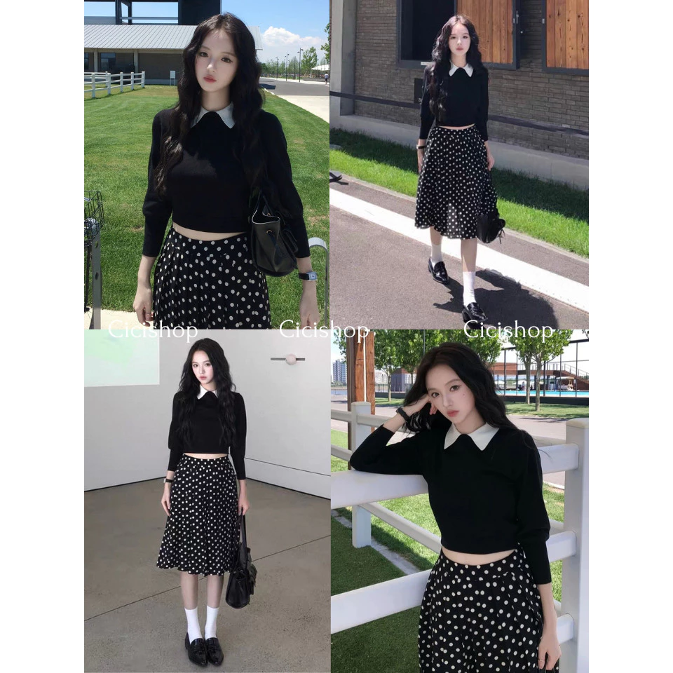 Cicishop(A2956) เสื้อไหมพรมแขนยาวคอปก สีพื้นชุดเรียบร้อยทรงหลวม ใส่ทำงานได้ สไตล์สาวเกาหลี