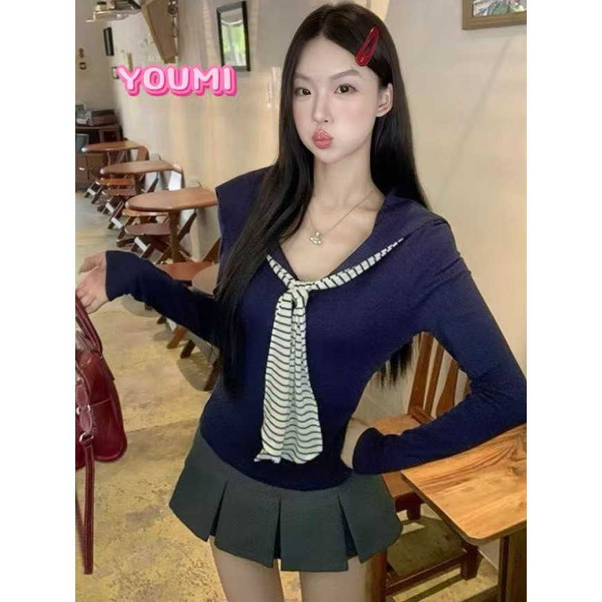ส่งจากไทยทุกวัน เสื้อเชิ้ตแขนยาว เสื้อคอปก  ผูกโบว์ลายทาง ทรงเข้ารูปช่วงเอว ผ้าเนื้อนุ่ม🍒Velca