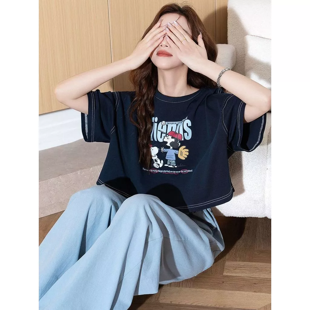 เสื้อครอปสาวอวบอ้วนไซส์ใหญ่ oversize เสื้อผ้าแฟชั่นวัยรุ่นน่ารักๆ เสื้อยืดลายการ์ตูนสวยๆผู้หญิงแขนสั้นแบบหลวมใหม่ เอวลอย