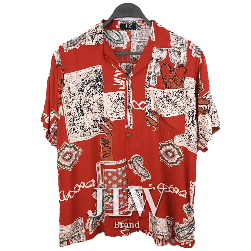 เสื้อฮาวาย ลายกรอบทอง แดง ผ้านิ่ม M L XL Oversize คอฮาวาย เสื้อคริสต์มาส