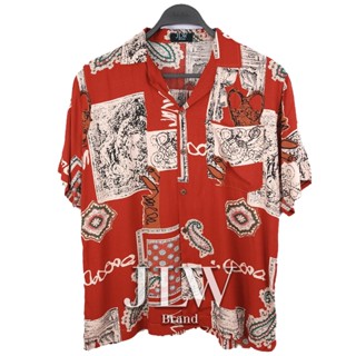 เสื้อฮาวาย ลายกรอบทอง แดง ผ้านิ่ม M L XL Oversize คอฮาวาย เส…