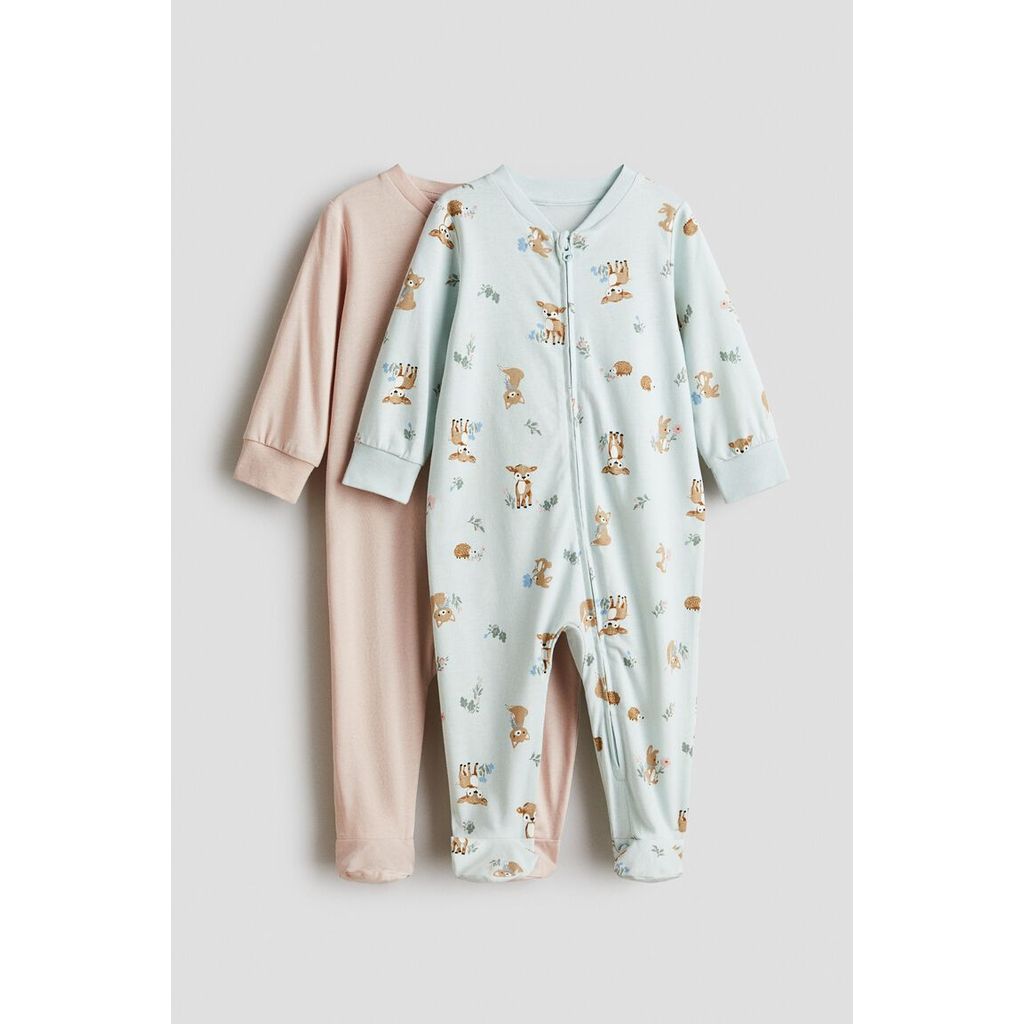 H&M(เอชแอนด์เอ็ม) ชุดนอนหมีแบบซิปรูดแพ็ค 2 ชิ้น Infants 2-pack zip-up sleepsuits