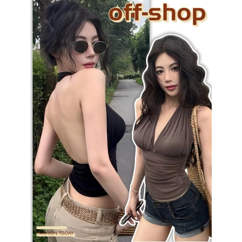 OFF SHOP 🥻ใหม่ 2026 เสื้อคล้องคอ สีพื้นยืดหยุ่นลุคเซ็กซี่ นุ่มสบาย การออกแบบเอว Chinese Shirt FY9345