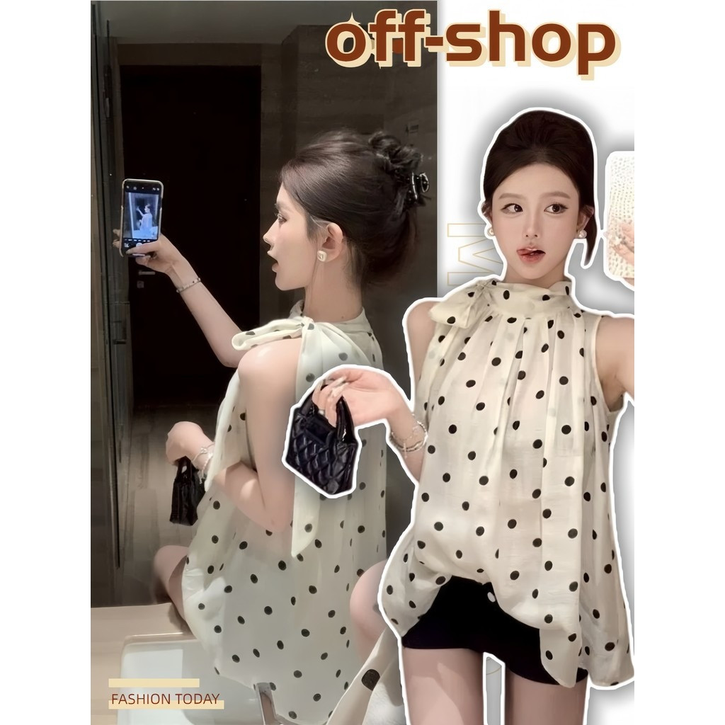 OFF SHOP 🥻ใหม่ 2026 เสื้อคล้องคอ สีครีม น่ารักๆ ในสไตล์หวานแสบ ลายตุด ผ้าซีทรู เสื้อปาดไหล่ลายจุด FY2916