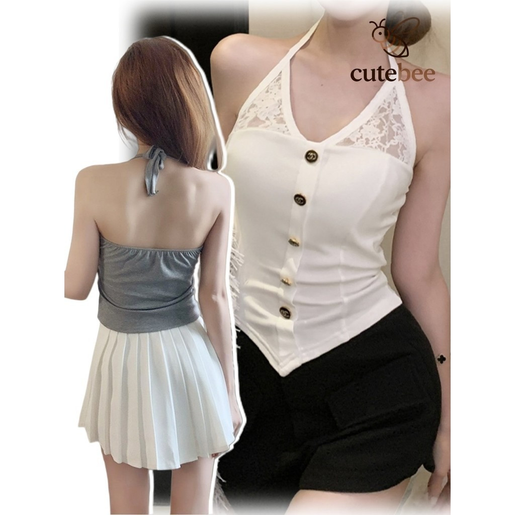 🐝CuteBee🐝25/2 เสื้อคล้องคอ ดีเดลเปิดหลัง มีฟองน้ำ ขอบลูกไม้ เข้ารูปสลิมสวย เสื้อสายเดี่ยวสีขาว FY330