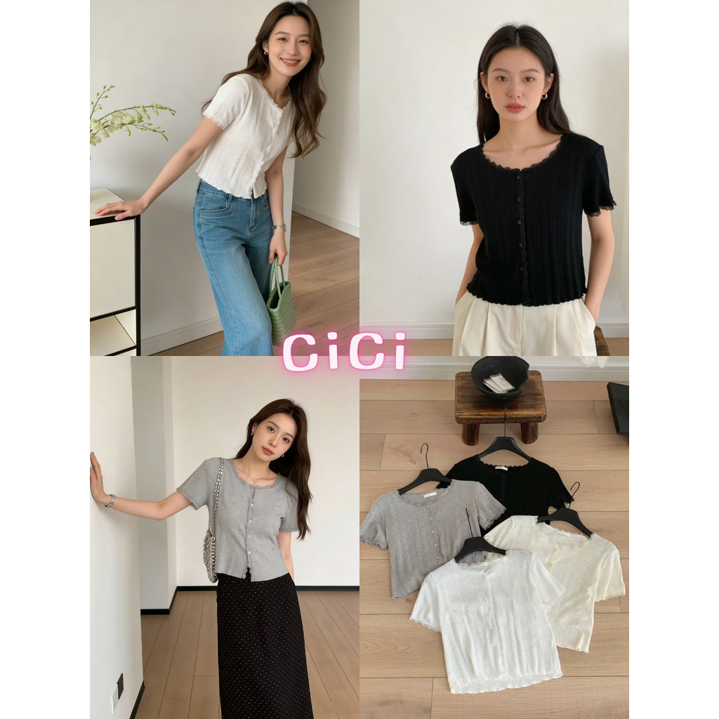 ส่งทันที Cici(No. J2538) เสื้อครอปแขนสั้น คอกลมแต่งลูกไม้ มีกระดุมใช้งานได้จริง สไตล์สาวน่ารักเบาๆ