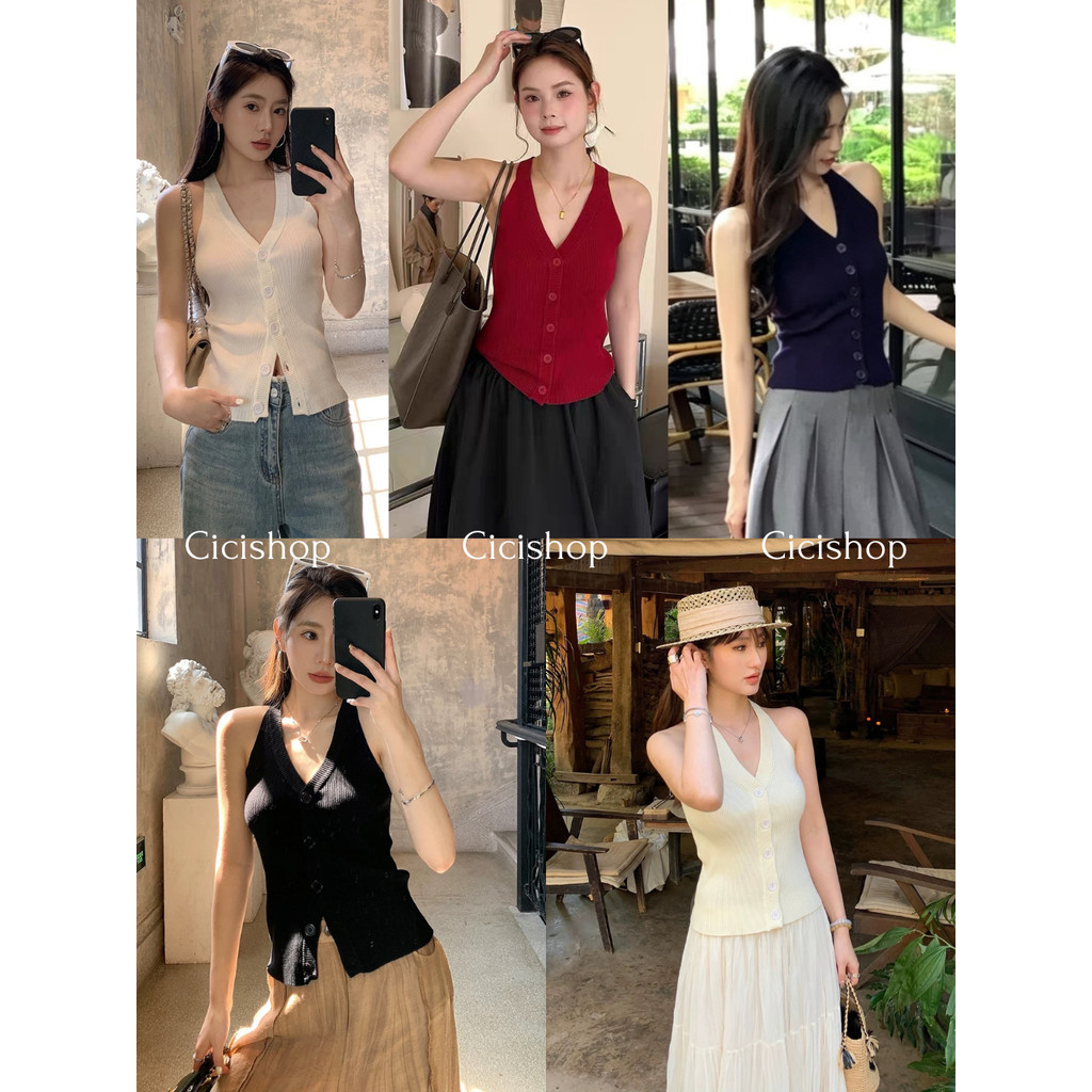 Cicishop(J192) เสื้อคล้องคอไหมพรมคอวีแขนกุด ดีเทลกระดุมหน้าใช้งานได้จริง สไตล์สาวมินิมอล น่ารักๆ
