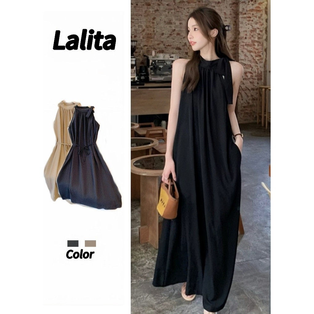 Lalita 🔥เดรสออกงาน🔥  สีพื้น สไตล์ลำลอง ชุดเดรสสไตล์เกาหลีเรียบง่าย กระโปรงสายเดี่ยวทรงเอเปิดไหล่