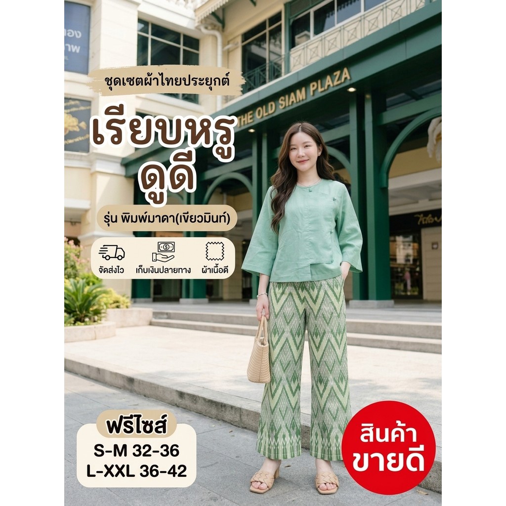 ชุดเซตไทยประยุกต์ ณัฐสินี รุ่นพิมพ์มาดา (เขียวมิ้นท์) ชุดไปคาเฟ่ ชุดไปวัด เสื้อผ้าฝ้าย กางเกงลายไทย