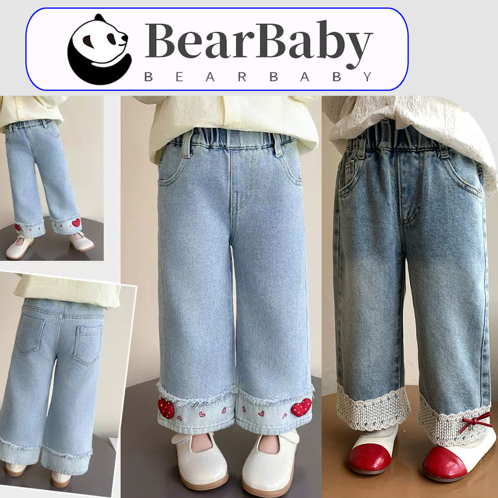 BEAR BABY กางเกงยีนส์ทรงตรงเด็กหญิง กางเกงยีนส์เอวยางยืดเด็ก ชายขาลูกไม้ งานแฟชั่น ถ่ายรูปสวย