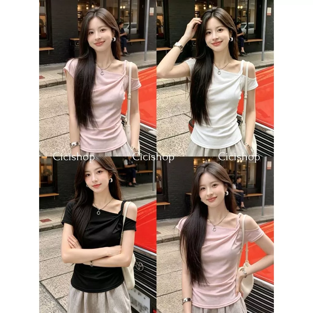 Cicishop(W9744) เสื้อเปิดไหล่ผ้ายืดเข้ารูป ทรงสวยเก็บหุ่น ดีไซน์สายหวานละมุน แมตช์ง่าย สไตล์สาวคาเฟ่เกาหลี