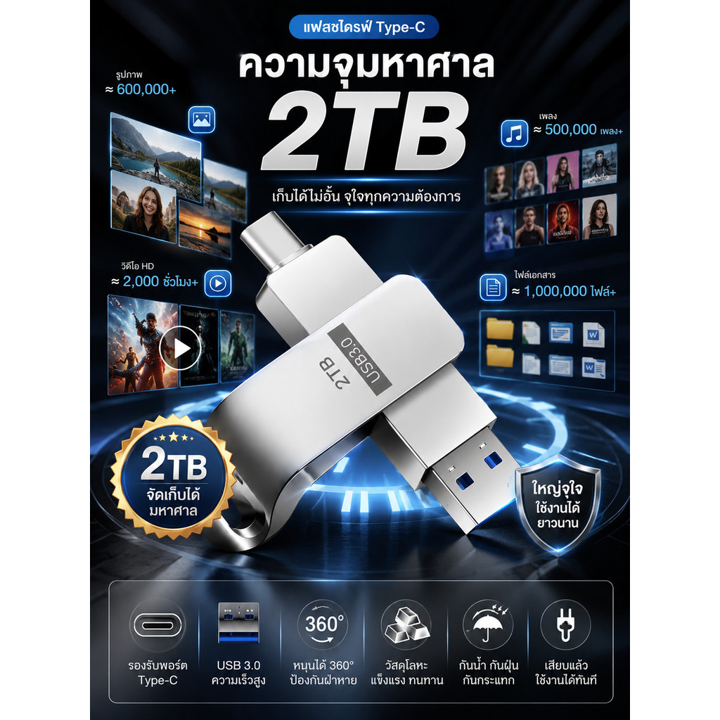 แฟลชไดร์ฟ ความจุ 2TB แฟลชไดร์ฟ IP USB 3.0 อินเทอร์เฟซที่แตกต่างกันสามแบบ OTG แฟลชพกพา (USB IOS MicroUSB)