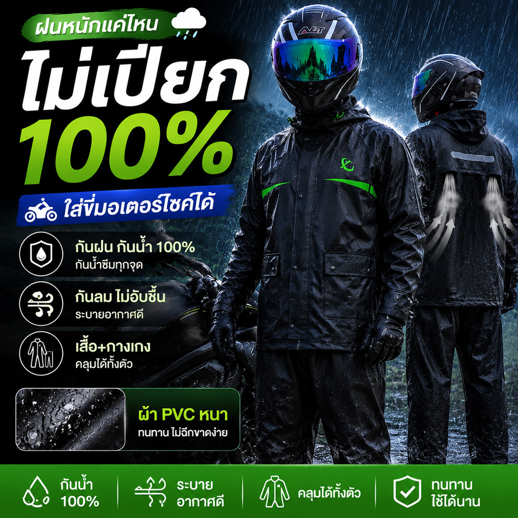ชุดกันฝนมอเตอร์ไซค์ กันน้ำ100% เสื้อกันฝนผู้ใหญ่ กางเกงกันฝน หนา2ชั้น ซิปกันน้ำ กันลม แห้งเร็ว พกพาง่าย พับได้ พร้อมส่ง