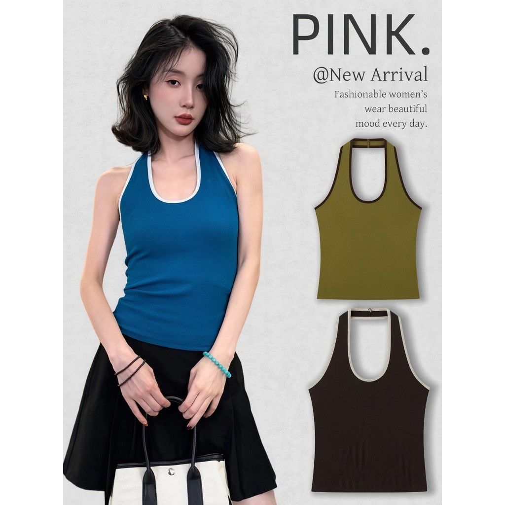 Pink Girl พร้อมส่ง เสื้อกล้ามผู้หญิงสีพื้น ทรงสั้น ทรงเข้ารูป ผ้ายืดตามตัว ใส่เที่ยว คาเฟ่ ช้อปปิ้ง สไตล์เกาหลี' W101