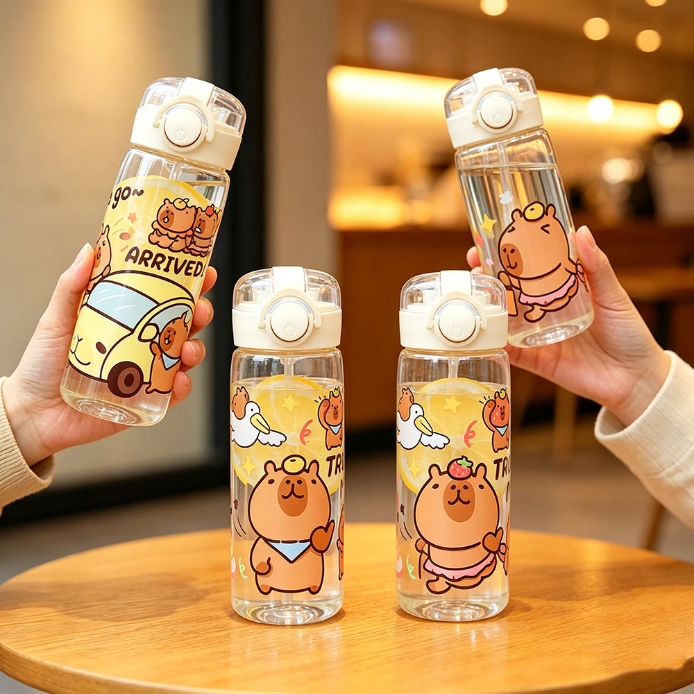 ขวดน้ําการ์ตูนพร้อมฟางน่ารักขวดดื่มพลาสติกแบบพกพาป้องกันการรั่ว Drinkware สําหรับดื่มกาแฟนมชา