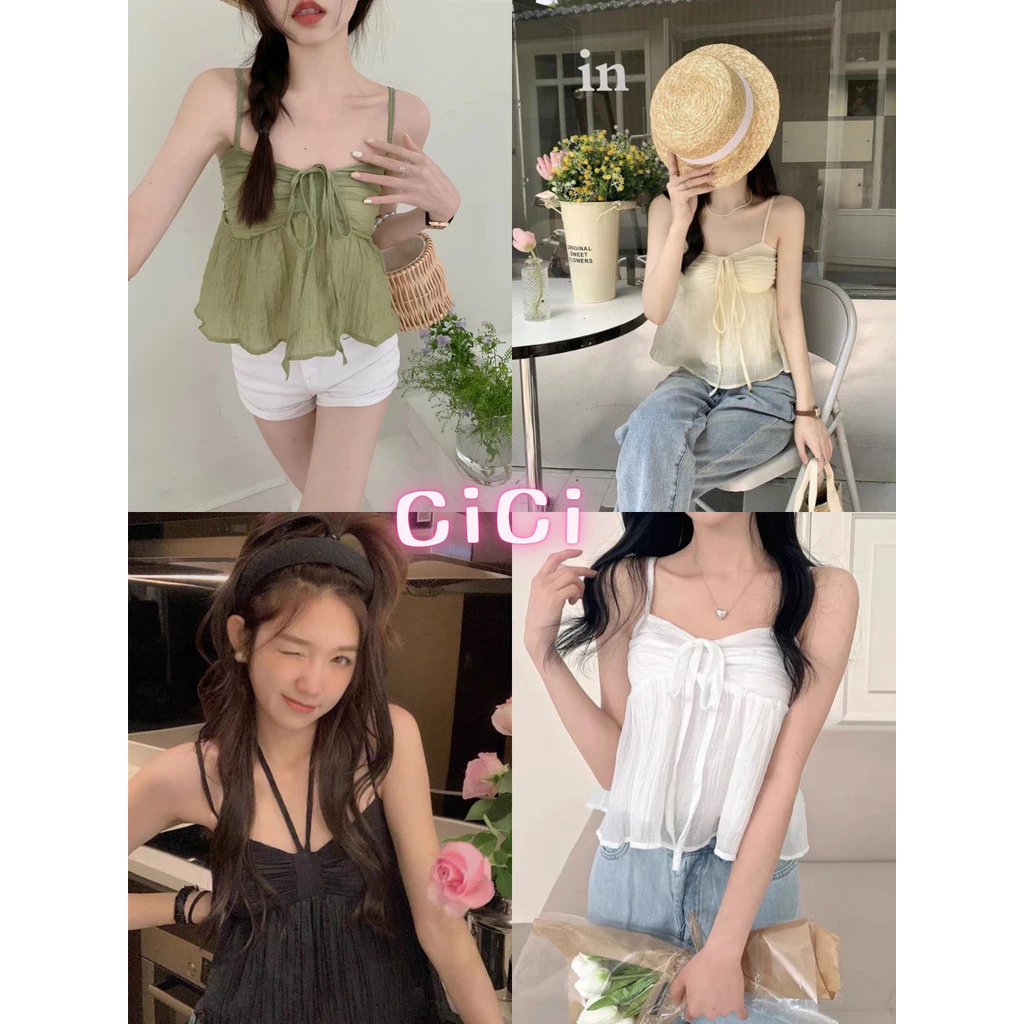 ส่งทันทีCici (No. 085) เสื้อสายเดี่ยวชีฟอง แต่งสายผูกโบว์ สม็อคด้านหลัง สายปรับได้ สไตล์คาเฟ่เกาหลีสาวหวาน