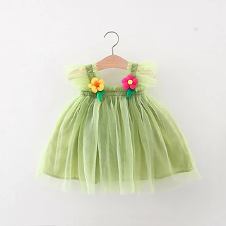 Babyonline(Y448)L3-OF0 (ส่งด่วน1วัน)ชุดเดรสสายเดี่ยวดอกไม้กระโปรงฟรุ้งฟริ้งสำหรับเด็กผ้าชีฟอง มีซับใน ไม่ระคายเคืองผิว