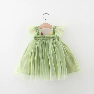 Babyonline(Y448)L3-OF0 (ส่งด่วน1วัน)ชุดเดรสสายเดี่ยวดอกไม้กระโปรงฟรุ้งฟริ้งสำหรับเด็กผ้าชีฟอง มีซับใน ไม่ระคายเคืองผิว