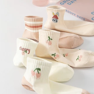 พร้อมส่ง : ถุงเท้า 5 คู่ ข้อสั้น ลายเชออรี่ โทนสีพีชครีม สวยน่ารัก เนื้อผ้านุ่ม