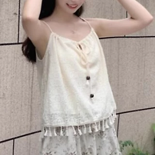 🌷GGals🌷​เสื้อสายเดี่ยวถักไหมพรม ผูกโบว์ ลวดลายเก๋ๆ ดีเทลปลายทิ้ง เสื้อแขนกุด สไตล์ลำลอง น่ารักสุดๆ#61800