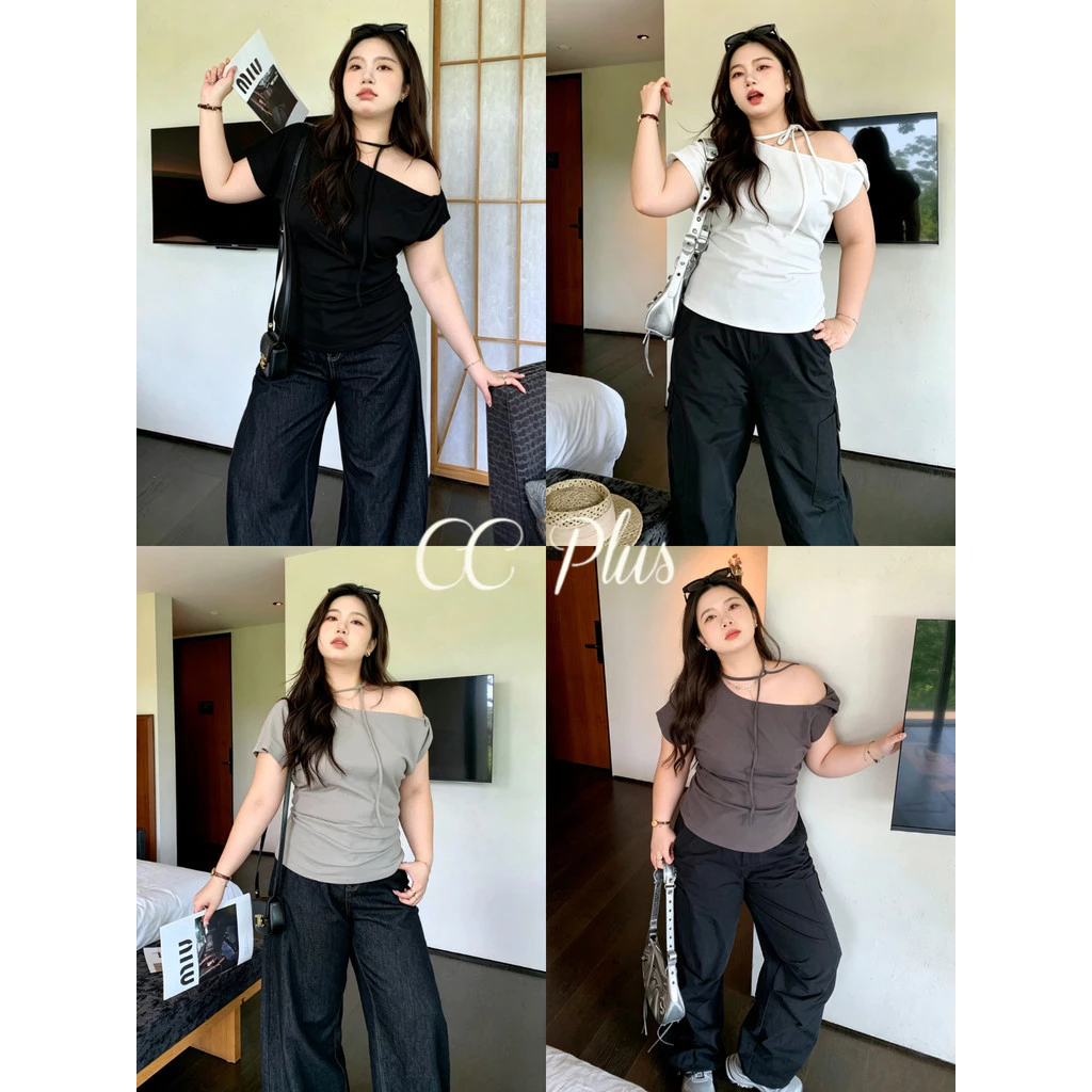 CiCi Plus+(J2565) เสื้อยืดแขนสั้นเปิดไหล่ สีพื้นใส่สบาย มีเชือกพันคอ เหมาะสำหรับสาวมินิมอลเท่ๆ สไตล์สาวพลัสไซส์